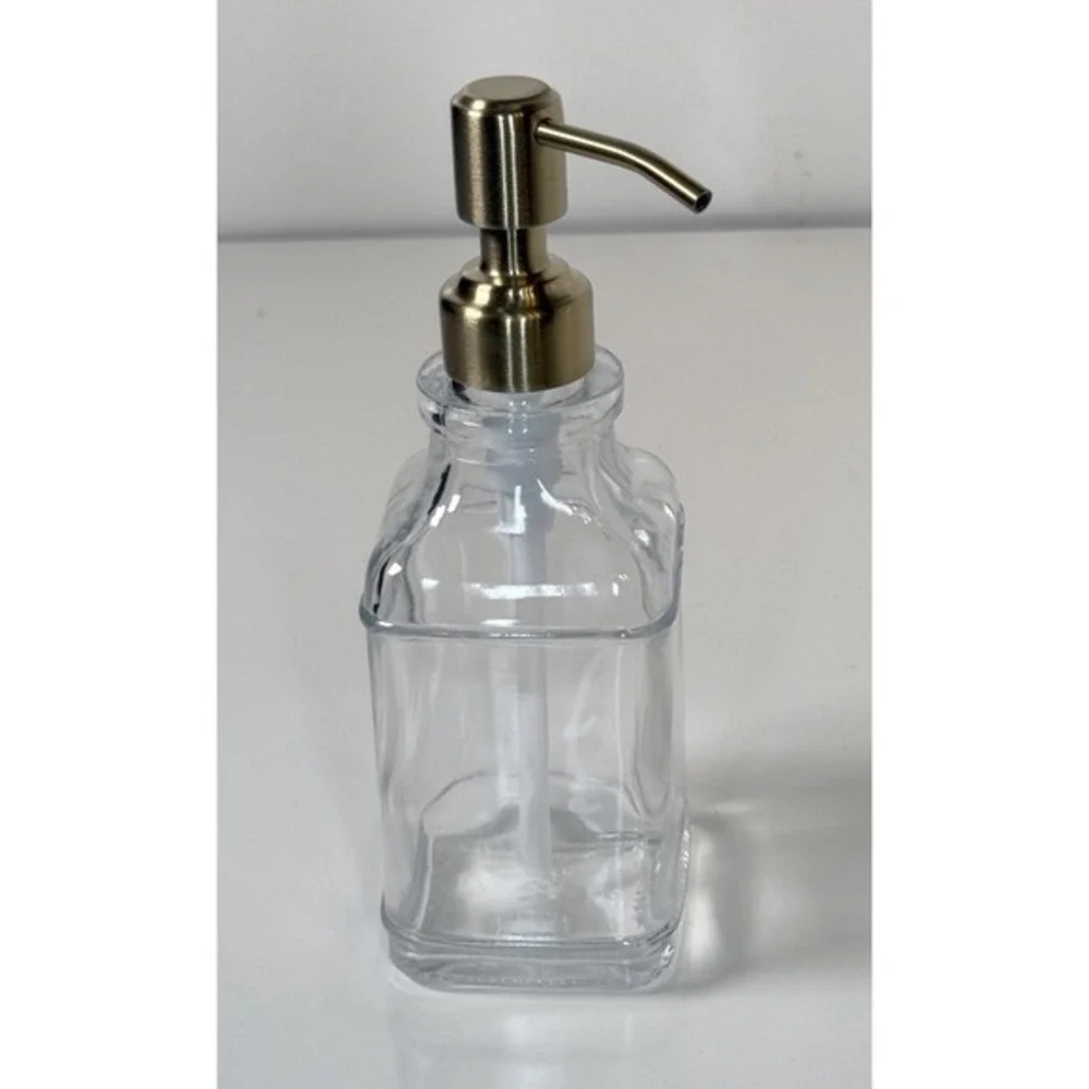 JASAI Antique Square Glass Soap‎ Dispenser 12oz Clear Gold Pump Labels NEW 81-09
